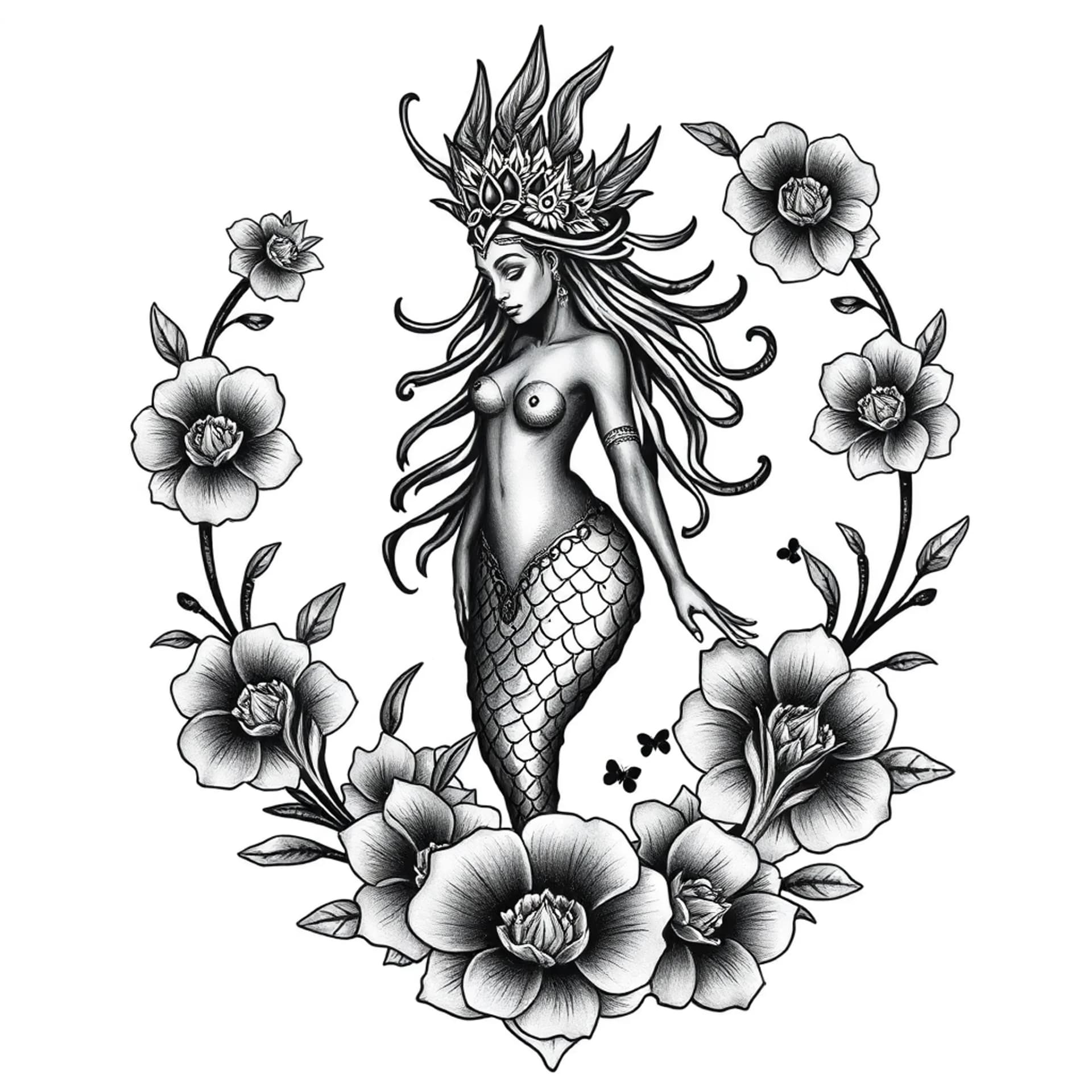 Black And Grey tattoo: Lifelike realistic mermaid african orisha yemaya surrounded by floral stencil