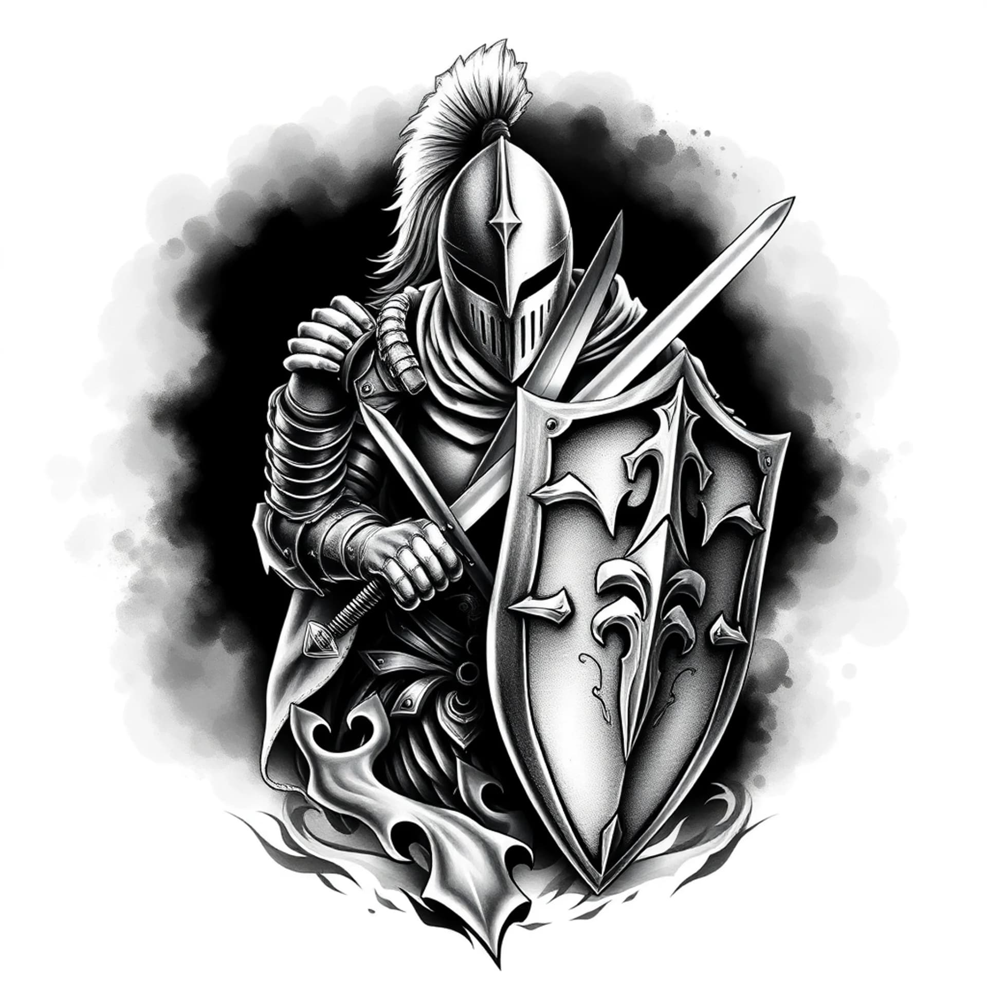 Realism tattoo: Knight with sword and shield ready for war