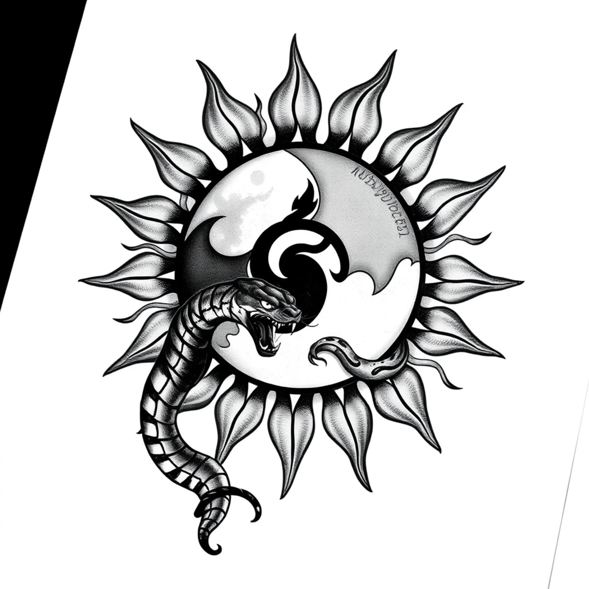 Black And Grey tattoo: An aesthetic anime style sun with the uzumaki mark logo in it with a moon and sasuke's curse mark in it.A snake crawling around the moon with sharingan and a tailed fox around the moon as a sleeve tatto