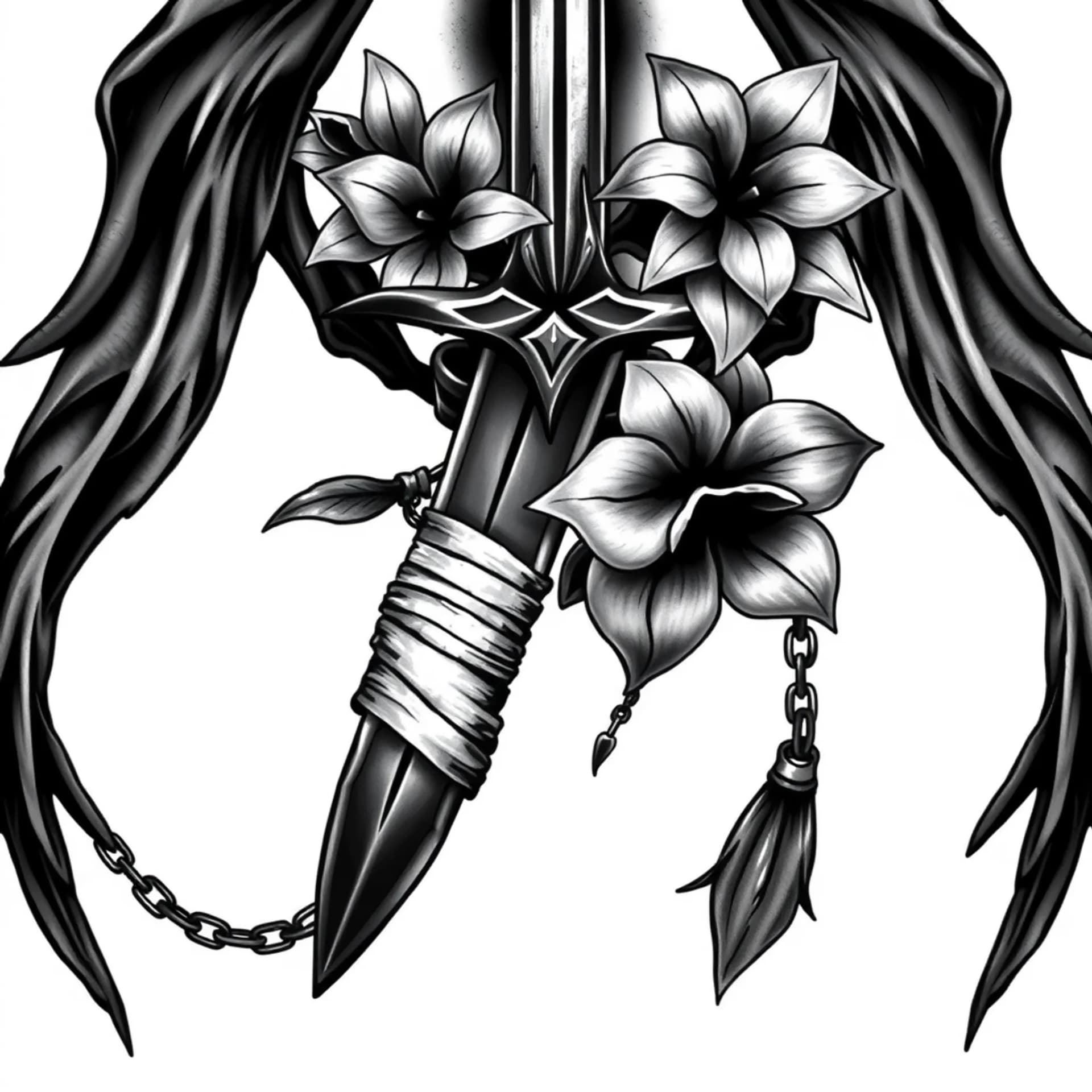Black And Grey tattoo: A gothic sword with bandages and lilies on chains around it facing downward.