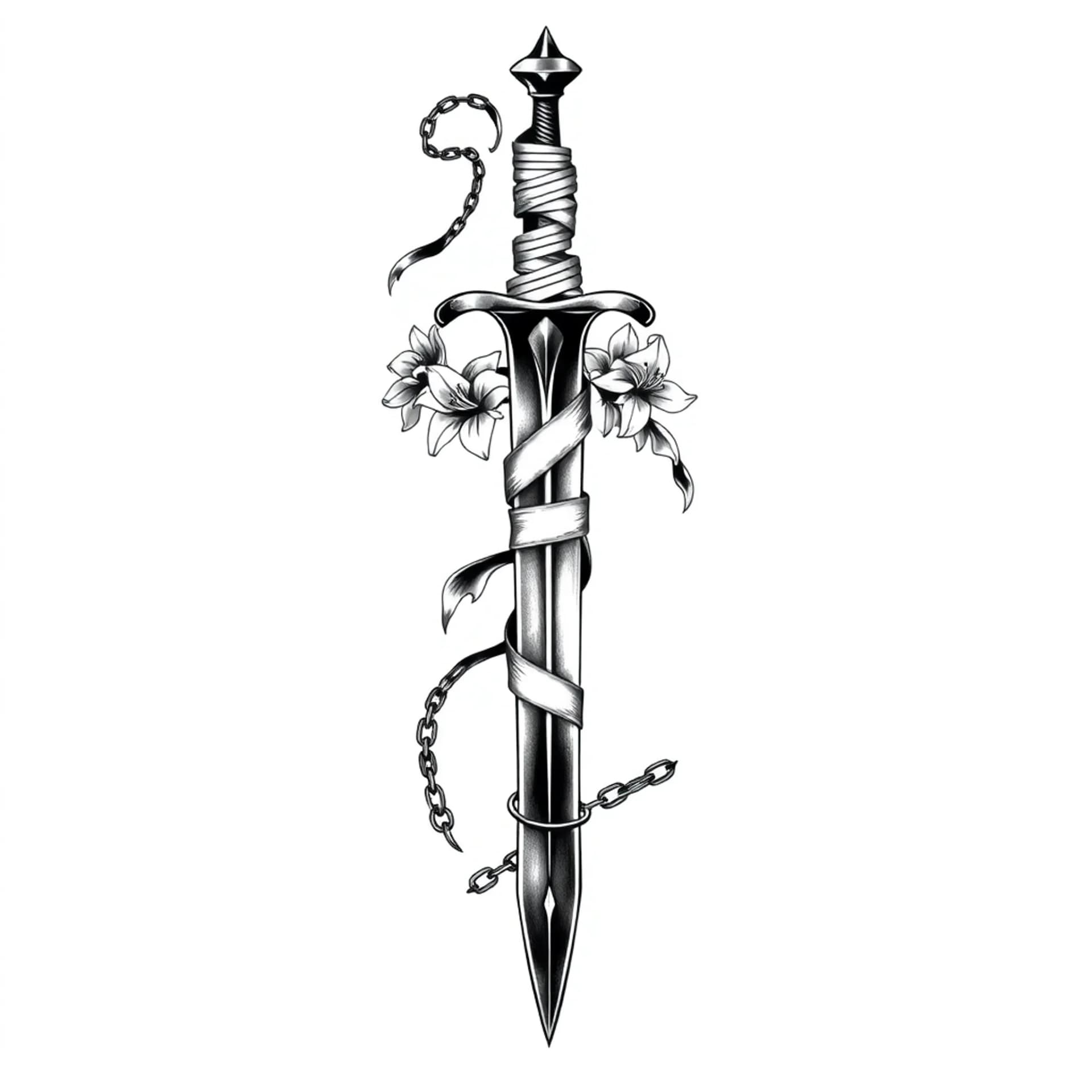 Black And Grey tattoo: A long gothic sword with bandages and lilies on it and chains around it facing downward.
