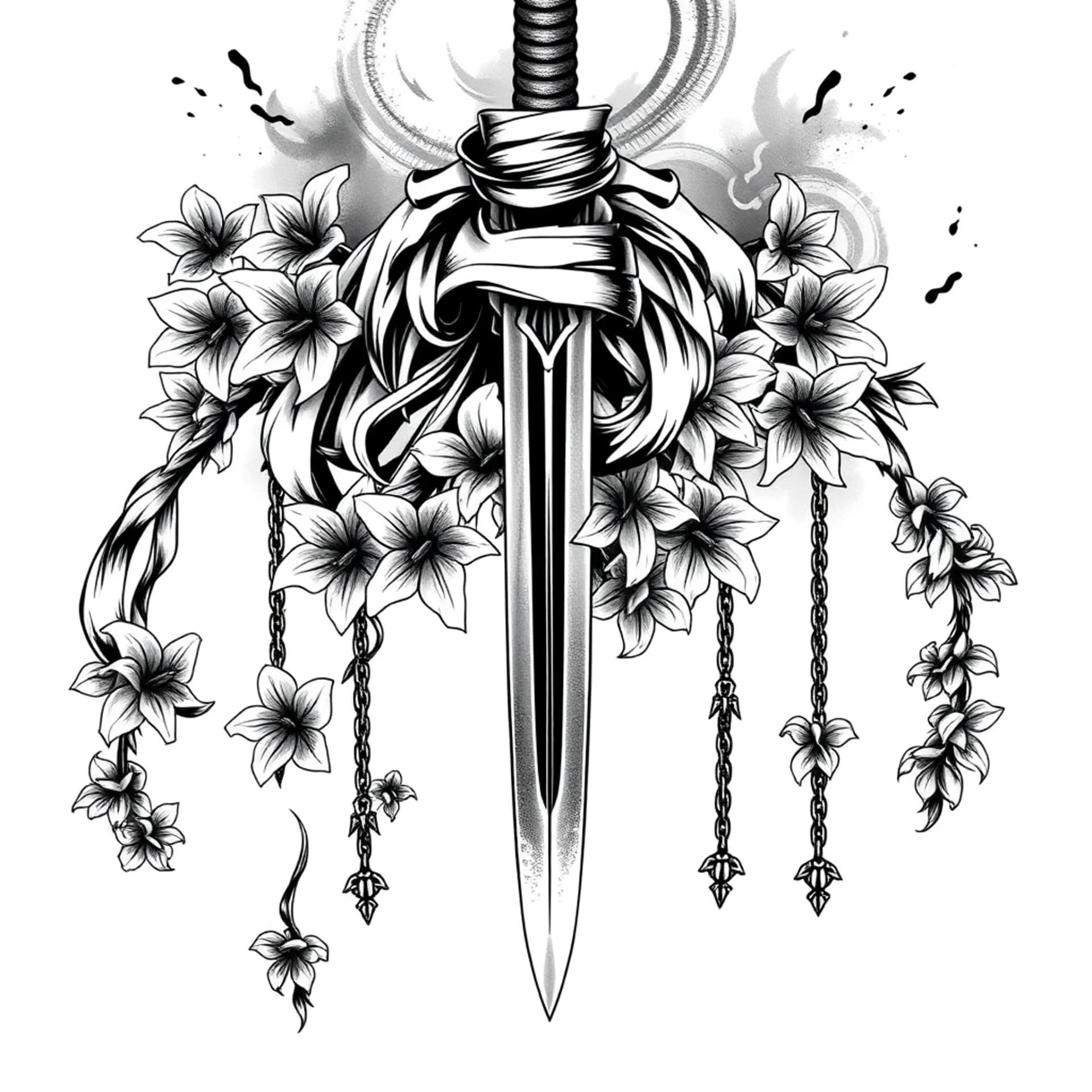 Black And Grey tattoo: A very long detailed gothic samurai sword with a lot of loose,distressed bandages and a lot lilies on chains and it is facing downward.