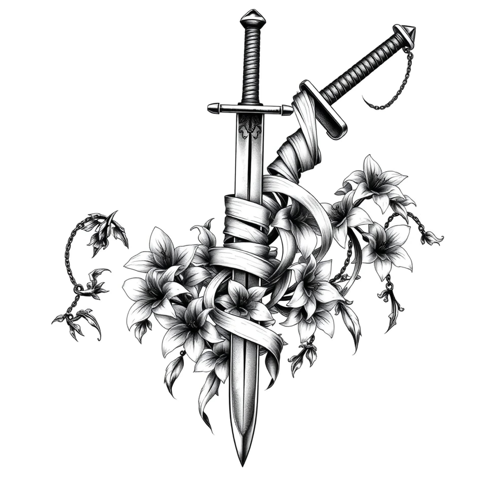 Black And Grey tattoo: A very long and slim detailed gothic samurai sword with a lot of loose,distressed bandages and lilies on chains around it and it is facing downward.