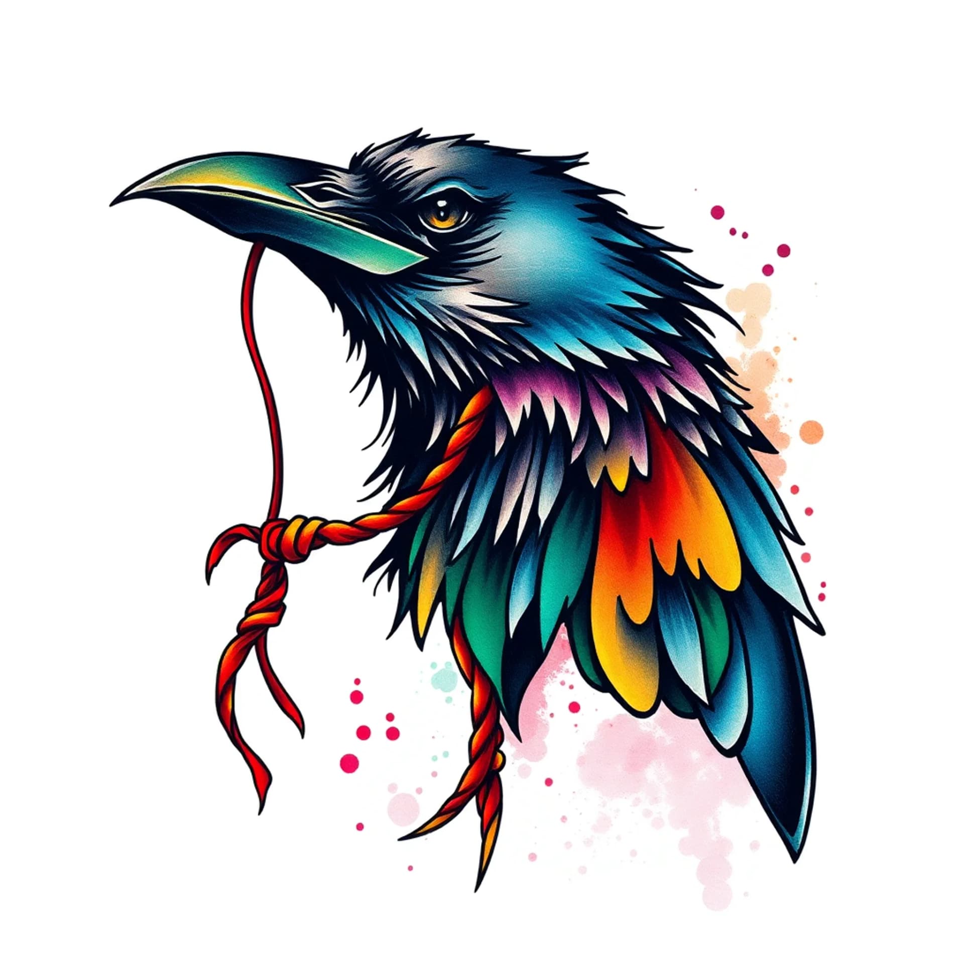Abstract tattoo: A raven holding a broken string of fate in its beak. The string is plaited and red.