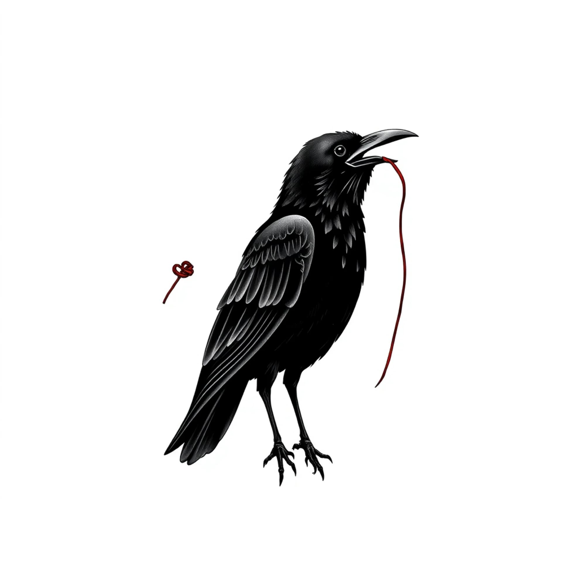 Fine Line tattoo: A black raven holding a broken string of fate in its beak. The string is plaited and red, it trails off