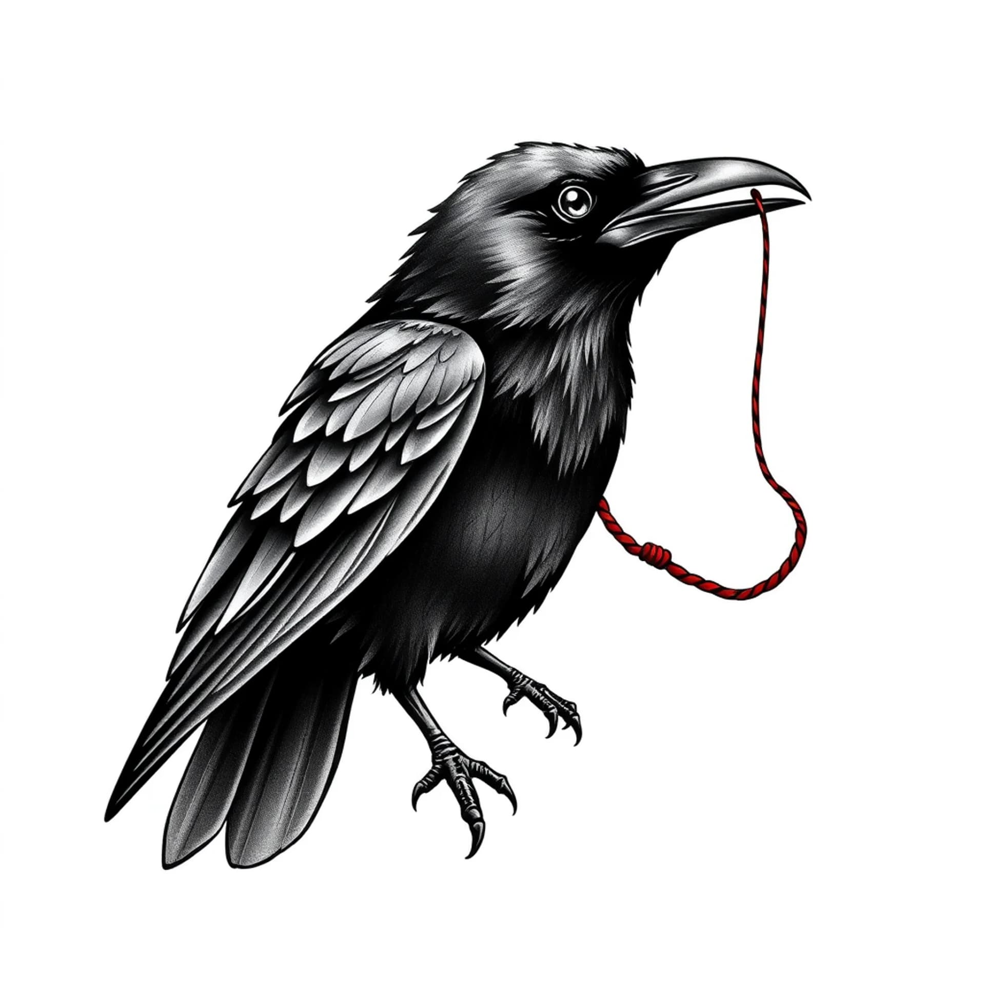 Fine Line tattoo: A realistic black raven holding a broken string of fate in its beak. The string is plaited and red, it trails off the reason it trails is so another person has the same tattoo to join up