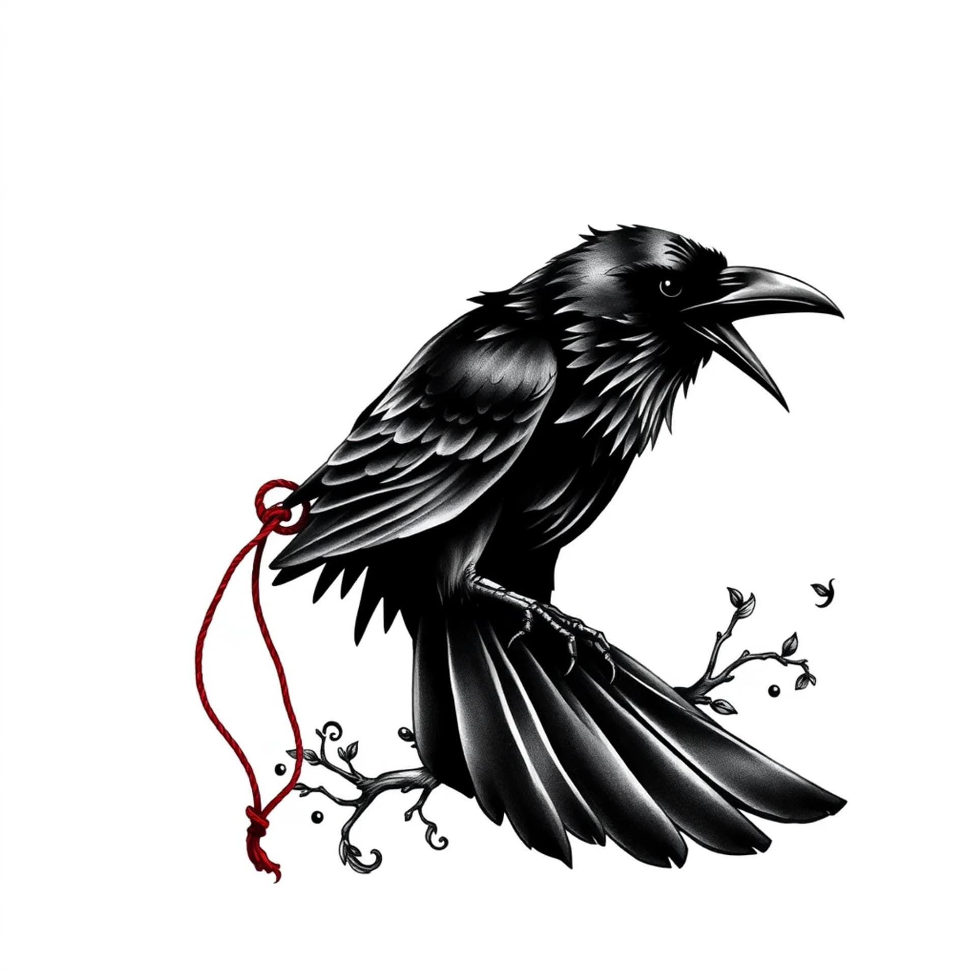 Black And Grey tattoo: A beautiful black raven, almost seductive. Holding a Japanese red string of fate in its beak. The string trails off from the tattoo, so it can join up to someone else's similar one .