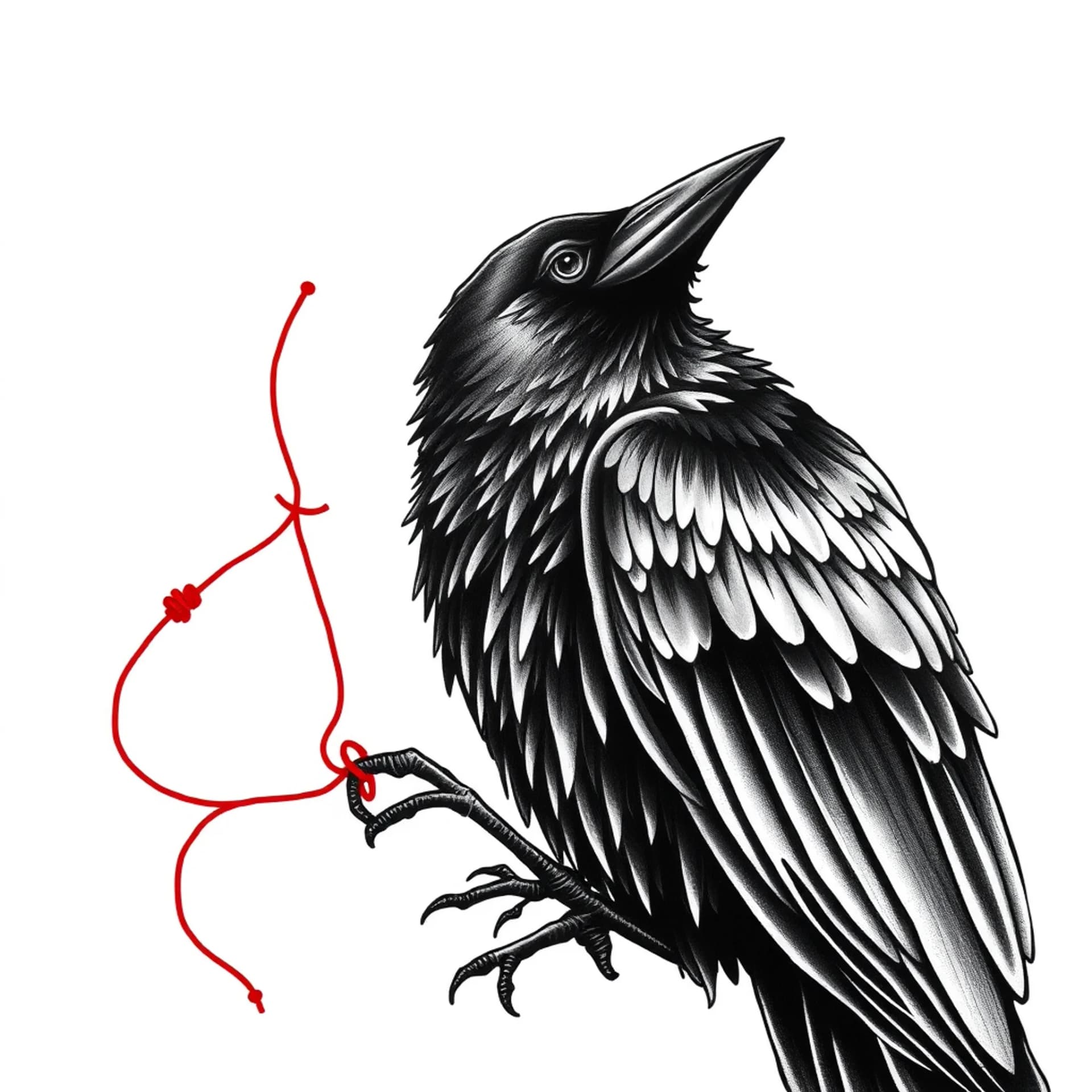 Black And Grey tattoo: A beautiful black raven, almost seductive. Holding a Japanese red string of fate . It holds the string in its closed beak. The string trails off from the tattoo, so it can join up to someone else's similar one .
