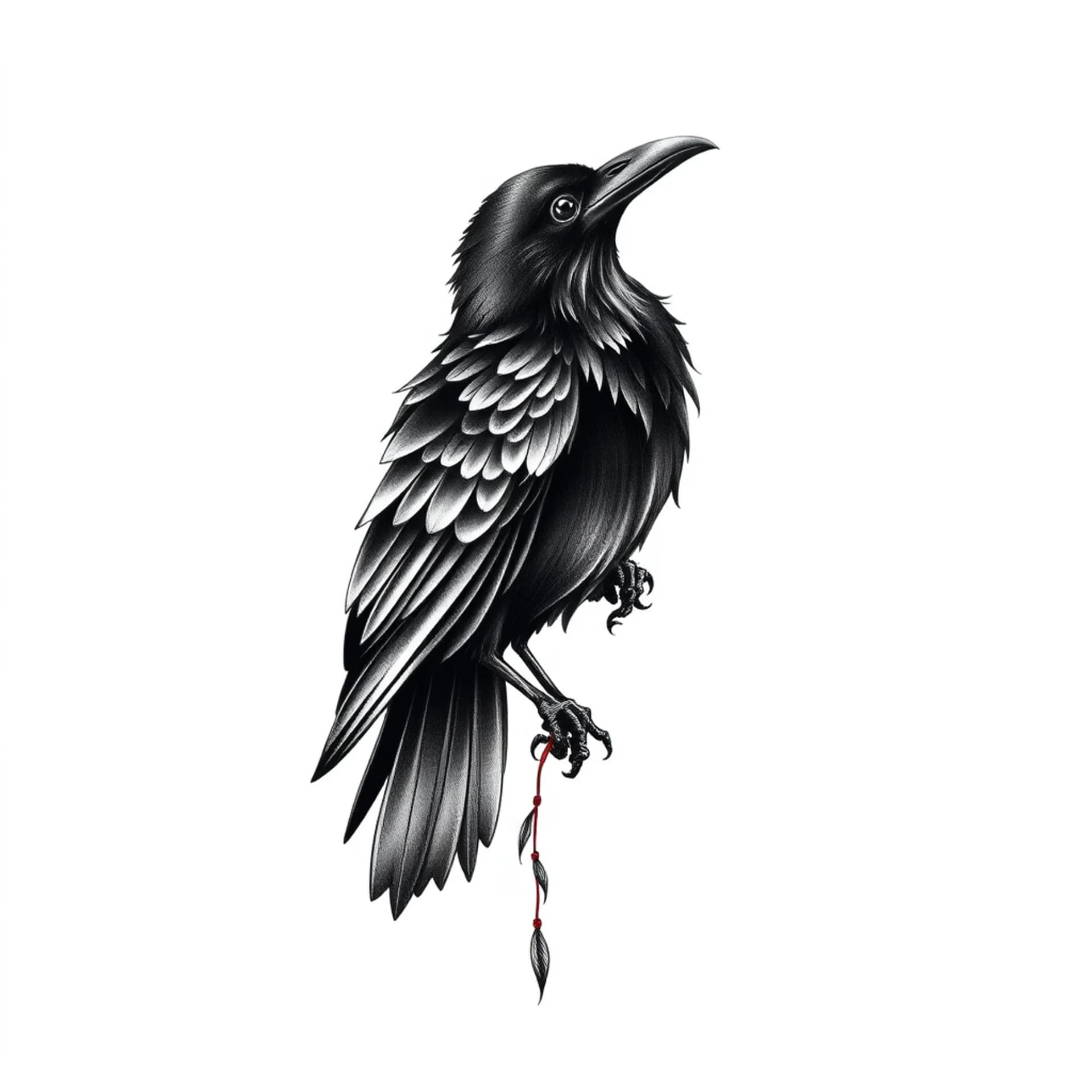 Black And Grey tattoo: A beautiful black raven, almost seductive. He is looking g for his other half. His lover. He has a Japanese red string of fate . It has the string in its closed beak. The string trails off from the tattoo, so it can join up to someone else's similar one .