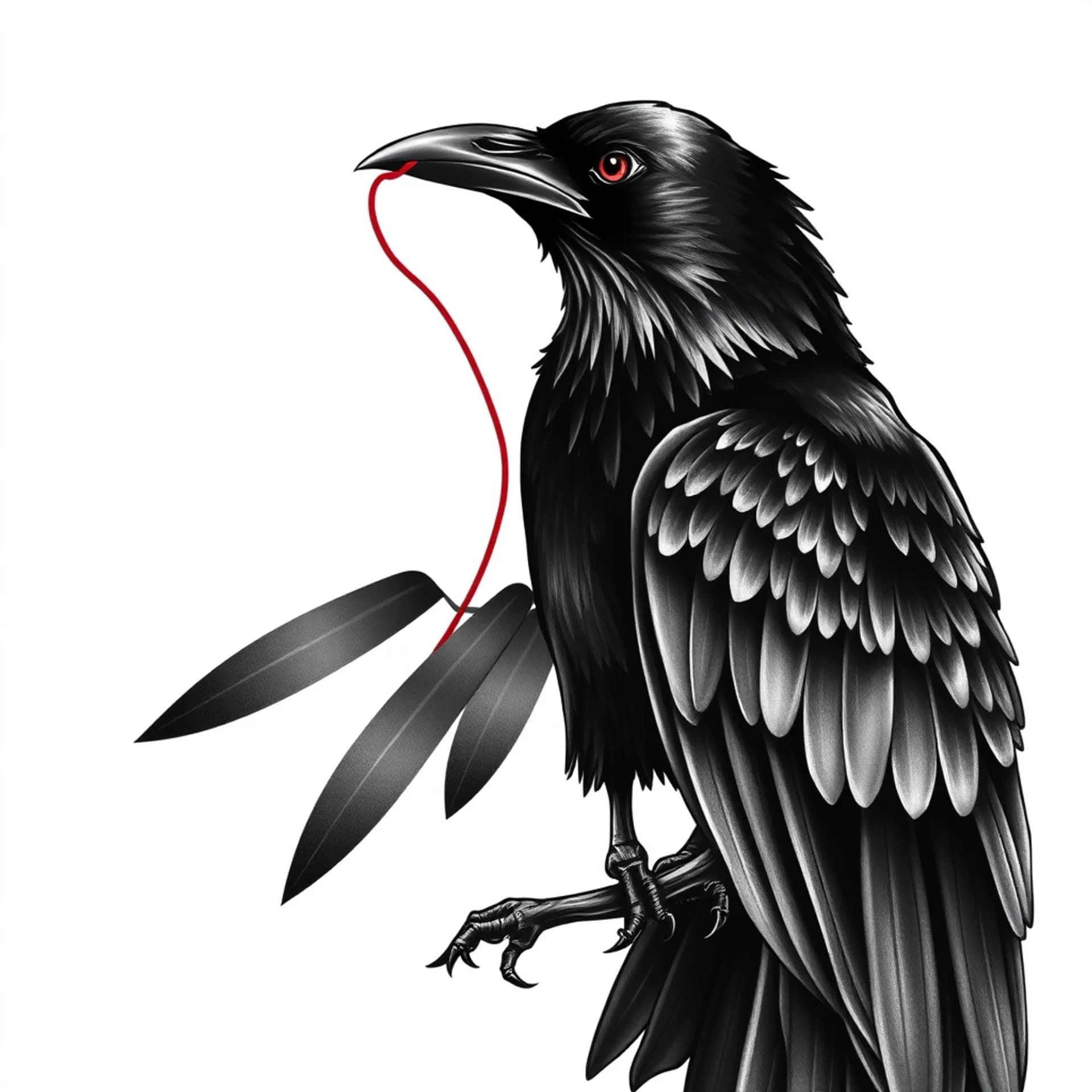 Black And Grey tattoo: A beautiful black raven, almost seductive. He is looking for his other half. His lover. He has a Japanese red string of fate . It has the string in its closed beak NOT in its claws