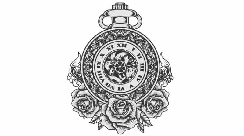 Half sleeve on arm of beautiful old fashion clock with roses, cherubs,  angels, and the name chase Peter in a scroll tattoo idea | TattoosAI